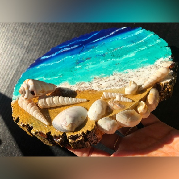 Beach Acrylic Artwork on Wood Slice - Picture 9 of 9